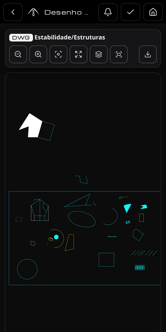 Desenhos DWG e DXF — captura da app (dados de exemplo)