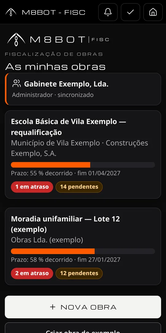 As suas obras — captura da app (dados de exemplo)