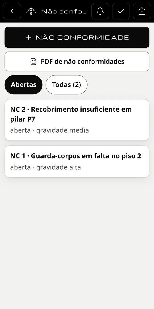 Não conformidades — captura da app (dados de exemplo)