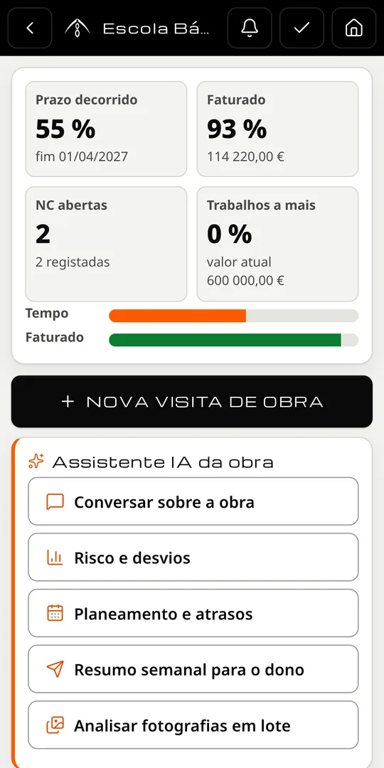 Painel da obra — captura da app (dados de exemplo)