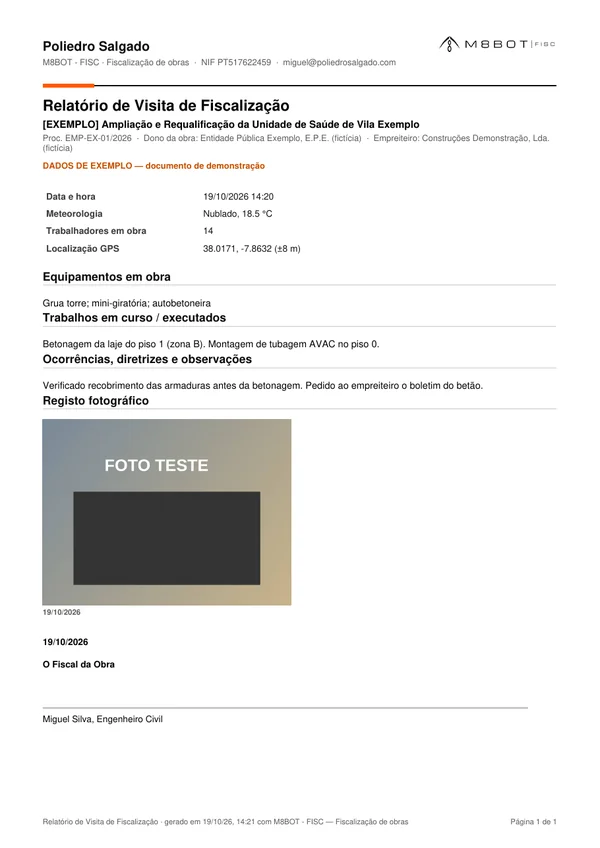 Primeira página de um relatório de visita de fiscalização em PDF (exemplo)