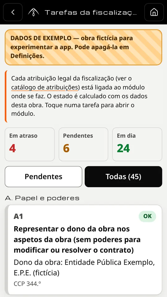 Tarefas da fiscalização — captura da app (dados de exemplo)