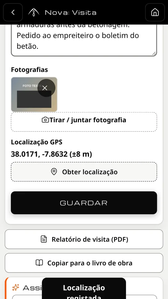 Visita com fotografias e GPS — captura da app (dados de exemplo)